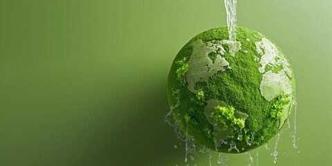 A concept image of a globe in the form of a green mossy sphere with water splashing around, symbolizing environmental awareness - Powered by Adobe