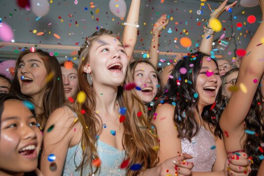 girls graduate students dancing and having fun at their prom night party after graduation, being happy, with confetti flying around