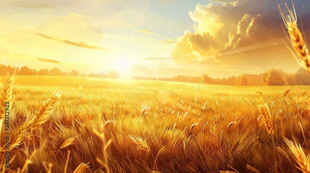 Poster A vast wheat field glowing golden under the setting suns warm light. Generative AI