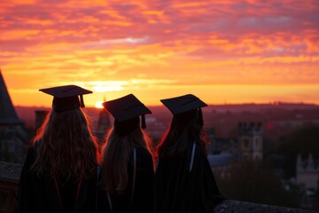 graduate students wearing graduation gowns and caps at sunrise or sunset, view from behind