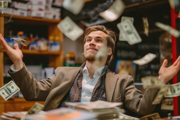 Man Sitting at Table With Money Falling From Hands. Generative AI