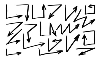 Nineteen broken handwritten arrows of various configurations. Set of vector doodles and squiggles