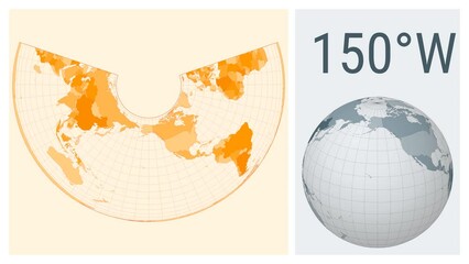 World Map Animation. Albers equal-area conic projection. Colored countries style. Animated world map in Albers projection. Loopable animation showing longitude shift and matching globe.