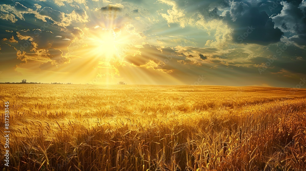 Poster a golden wheat field is illuminated by the setting sun, creating a warm and vibrant scene of natural