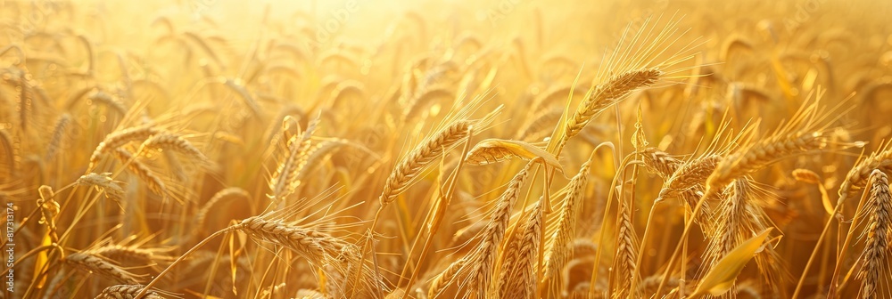 Poster A video featuring golden wheat fields illuminated by the setting sun. Generative AI