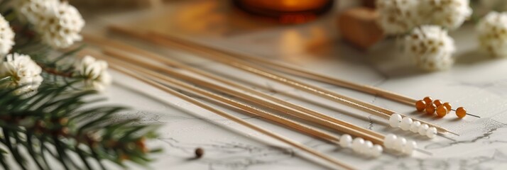 acupuncture needles set on a white table, depicting an alternative medicine approach for treatment