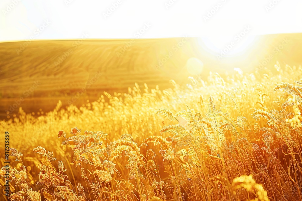 Poster a field filled with golden wheat glistens under the setting sun. generative ai