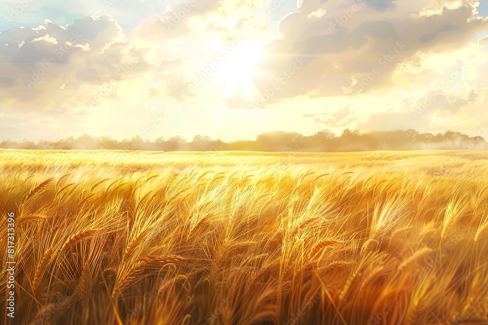 Poster a golden wheat field glows as the sun shines from behind, casting a warm hue over the crops. generat