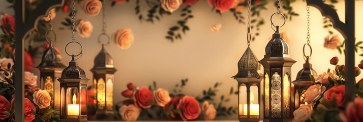 Ornate lanterns and scattered rose petals elegantly set the scene for festive or romantic occasions