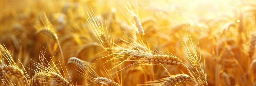 Poster ripe wheat crops glow golden under the setting sun in a vast field. generative ai