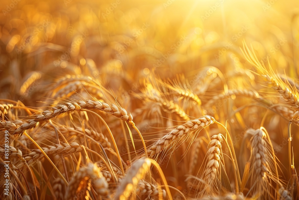 Poster ripe wheat glowing gold in the fading light of sunset in a vast field. generative ai