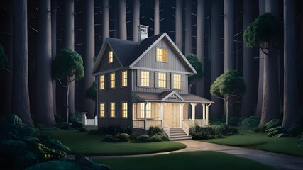 one-story house in the forest, illuminated by soft light, multi-layer paper applique. paper art, three-dimensional painting, precise and strict detailing, soft pastel colors