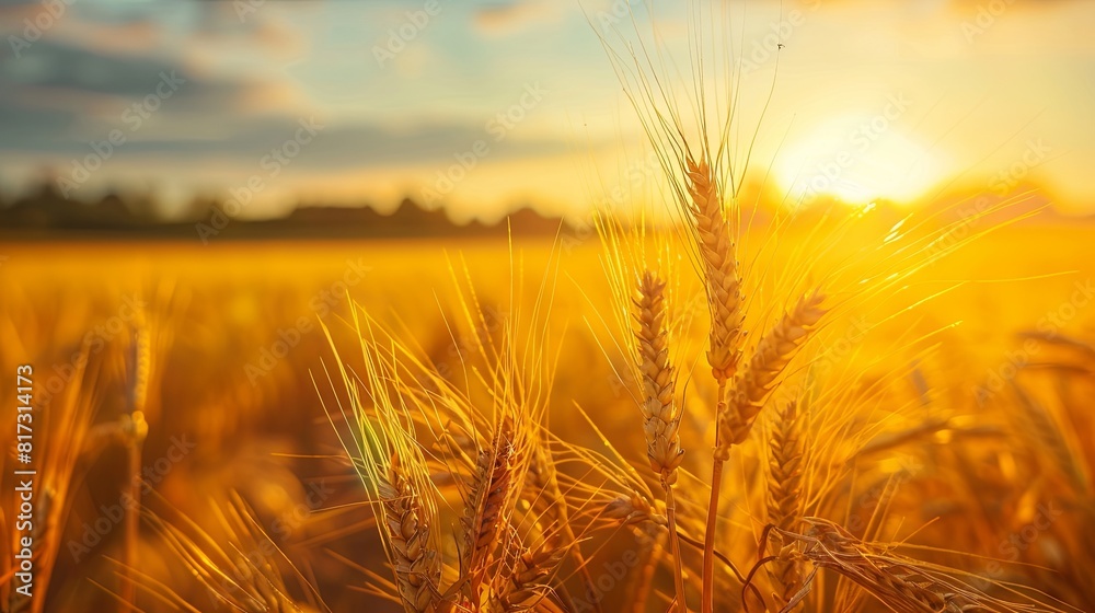 Poster A field filled with golden wheat glowing in the warm light of the setting sun. Generative AI