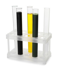 Test tubes with different types of crude oil isolated on white