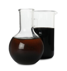Beaker and flask with different types of crude oil isolated on white
