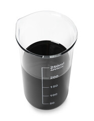Beaker with black crude oil isolated on white