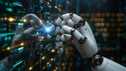 Fototapeta premium Artificial intelligence robot hand pointing finger in the style of human touch, technology and people concept on dark background with copy space area for text.