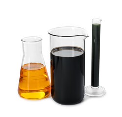 Beaker, test tube and flask with different types of oil isolated on white