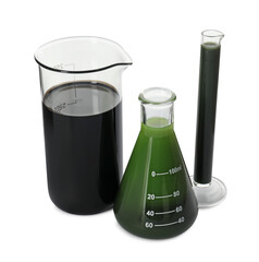 Beaker, test tube and flask with different types of oil isolated on white