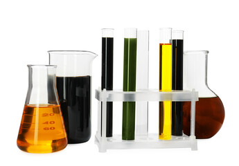 Beaker, test tubes and flasks with different types of oil isolated on white