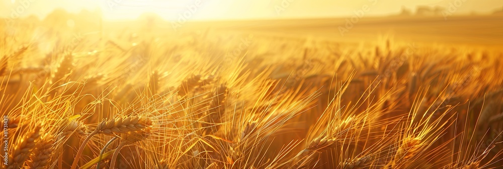 Poster Ripened golden wheat sways in a sunlit field at sunset, creating a warm and inviting scene. Generative AI