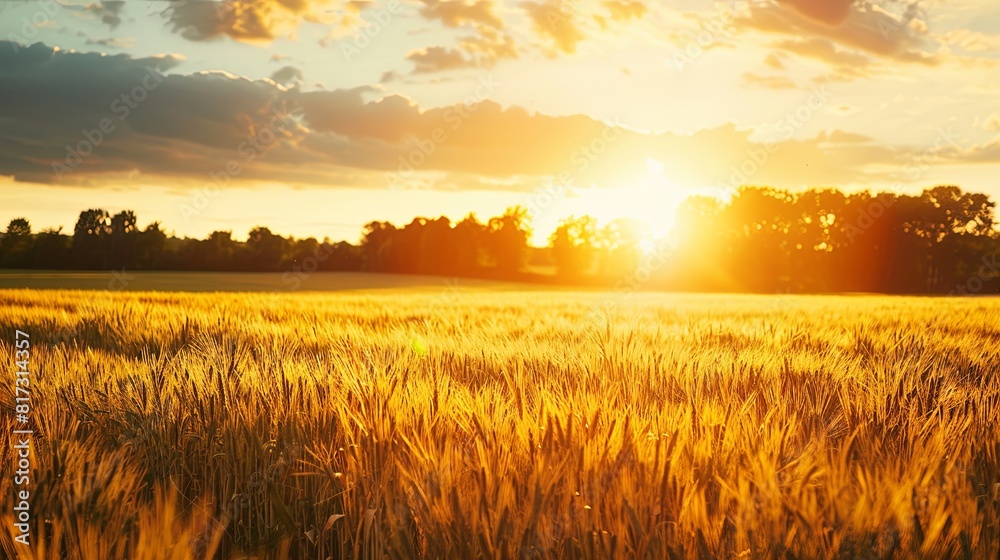Poster the sun is setting over a vast wheat field, casting a warm golden glow on the crops. generative ai