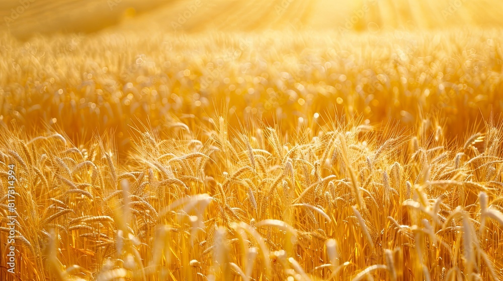 Poster golden wheat sways in the evening breeze under a vibrant sunset sky in a vast field. generative ai