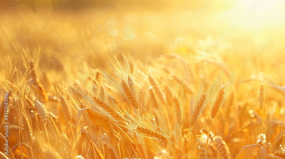 Poster A field filled with golden wheat under the warm hues of a setting sun. Generative AI