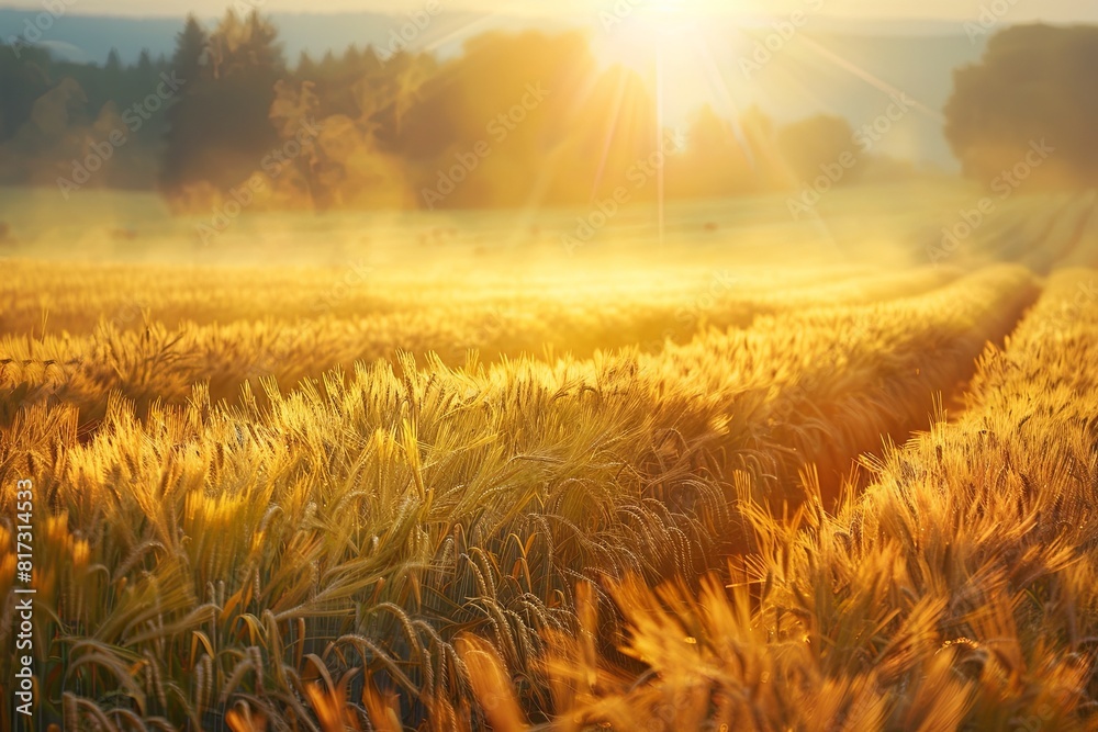 Poster the sun shines on a vast field of golden wheat, creating a warm and vibrant scene of agricultural ab