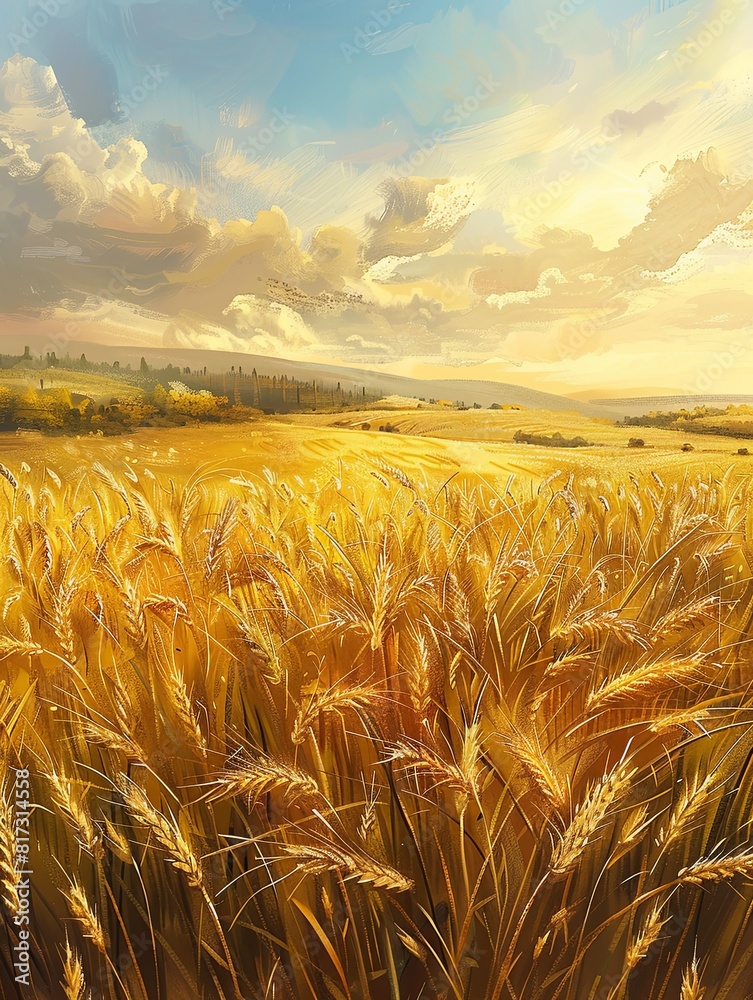 Poster a painting depicting a wheat field glowing in the warm light of the setting sun. generative ai