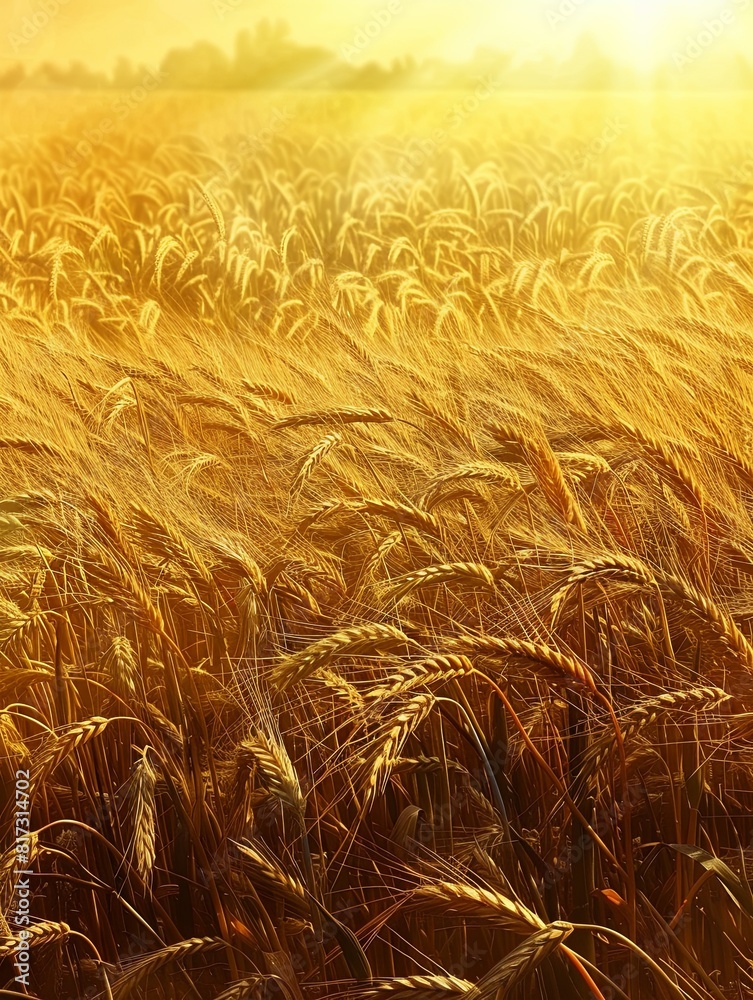 Poster a vast field of golden wheat glowing in the sunlight. generative ai