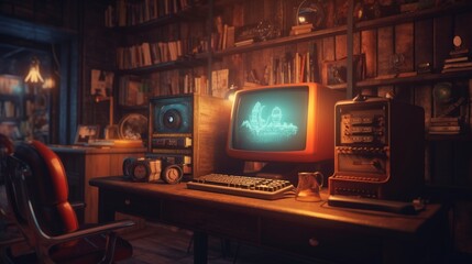 3d render of the old retro computer in the old retro office with light