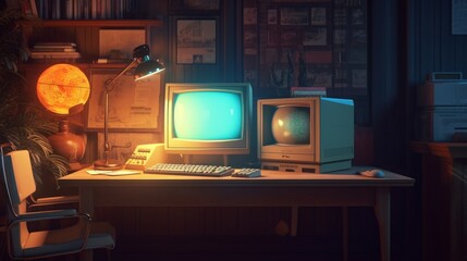 3d render of the old retro computer in the old retro office with light
