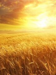Obraz premium A golden wheat field illuminated by the setting sun, creating a warm and vibrant atmosphere. Generative AI