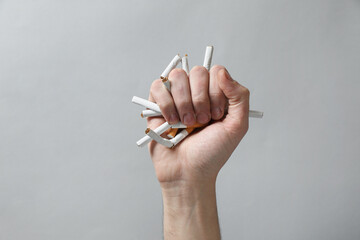 Stop smoking. Man holding broken cigarettes on grey background, closeup