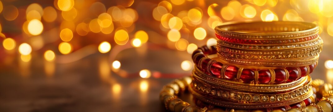 A vibrant display of traditional bangles with a golden bokeh background highlighting their ornate beauty