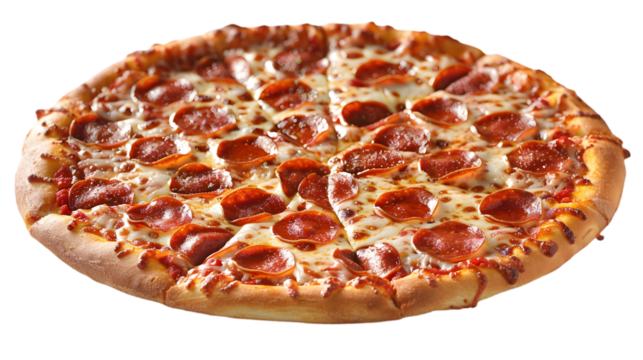  A pepperoni pizza showcasing a thin, crunchy crust, glistening melted cheese, and a generous topping of pepperoni slices, transparent background