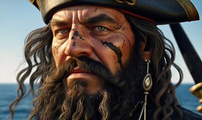 A pirate, an old pirate close-up, in pirate's clothes.