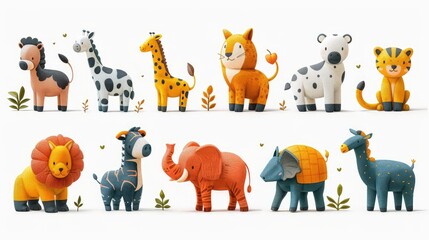 Fototapeta premium Whimsical Collection of Colorful Stylized Animal Illustrations - A Vibrant and Artistic Display of Wildlife in a Unique Style