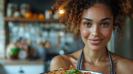 Delightful Home Dining Experience: Woman in Her Thirties Savoring a Tasty Noodle Dish