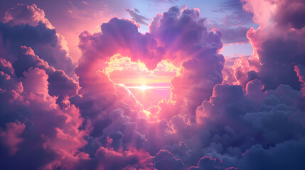 Pink heart shaped clouds at sunset. Beautiful love background with copy space. Clouds in the shape of a heart. Heart shaped clouds. Gate to love. Cloud of love. Valentines background. Fluffy heart