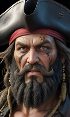 A pirate, an old pirate close-up, in pirate's clothes.
