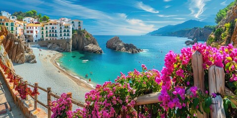 Obraz premium Seaside town in Spain with flowers, fences and ocean in the background