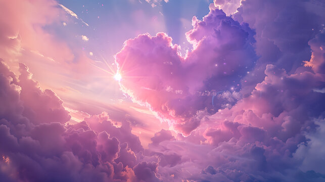 Pink heart shaped clouds at sunset. Beautiful love background with copy space. Clouds in the shape of a heart. Heart shaped clouds. Gate to love. Cloud of love. Valentines background. Fluffy heart