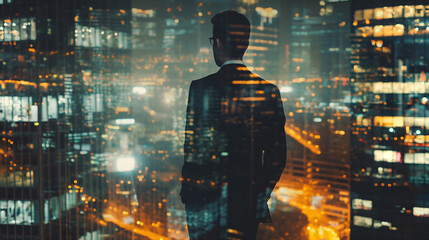 silhouette of a business man against the background of a night city, business concept