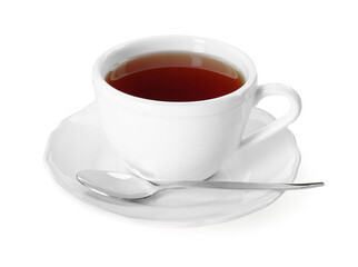 Aromatic tea in cup and spoon isolated on white