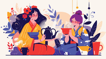 Tea ceremony with various traditional elements. Col