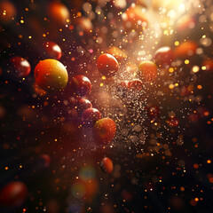 Scattered explosive juicy fruits, 3D fruit abstract, beautiful 3D fractal backgrounds