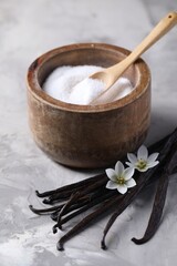 Vanilla pods, flowers and bowl with sugar on light textured table, closeup