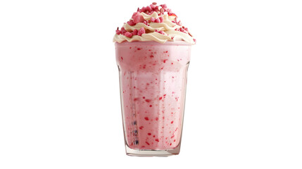  A photorealistic image of a strawberry shake with a dollop of cream and a sprinkle of pink sprinkles, in a transparent glass, on a, transparent background